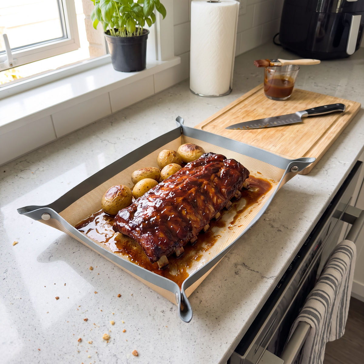 Pinch Pan snapped into a tray with roasted ribs