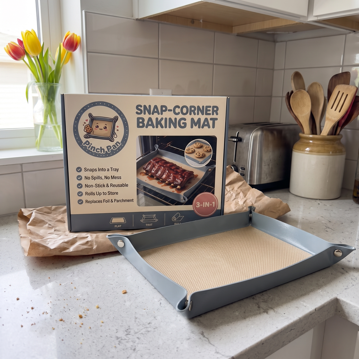 Pinch Pan retail box with the snapped tray