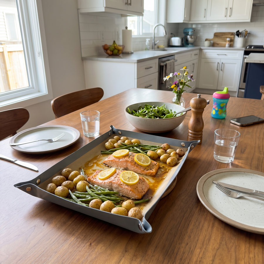 A sheet-pan dinner prepared with Pinch Pan
