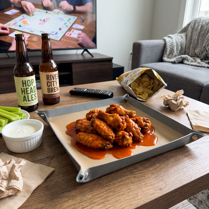 Crispy wings prepared using the raised-edge tray shape