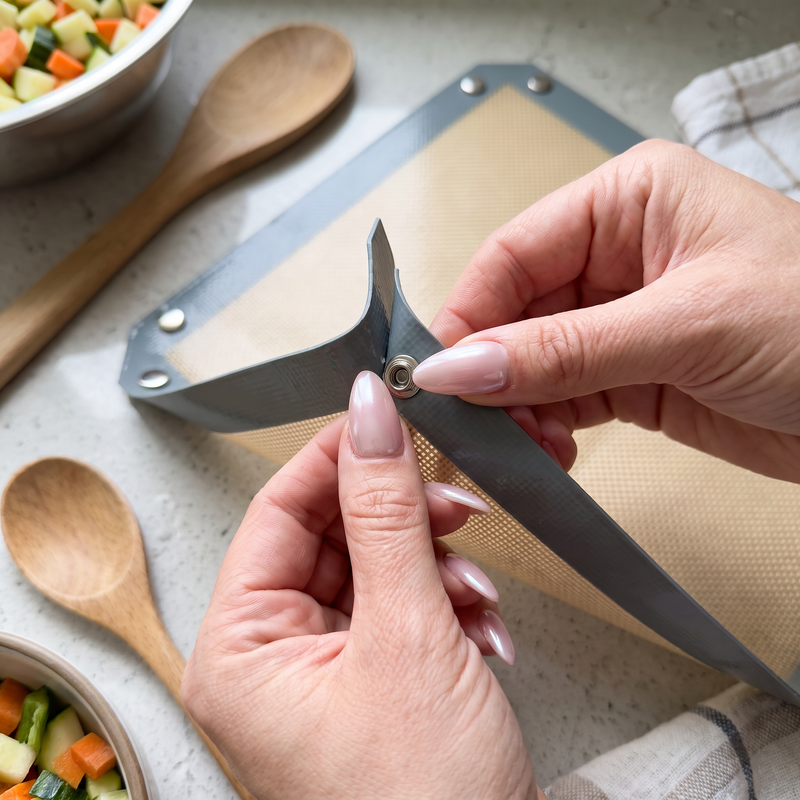 Pinching the four corners of Pinch Pan into a tray